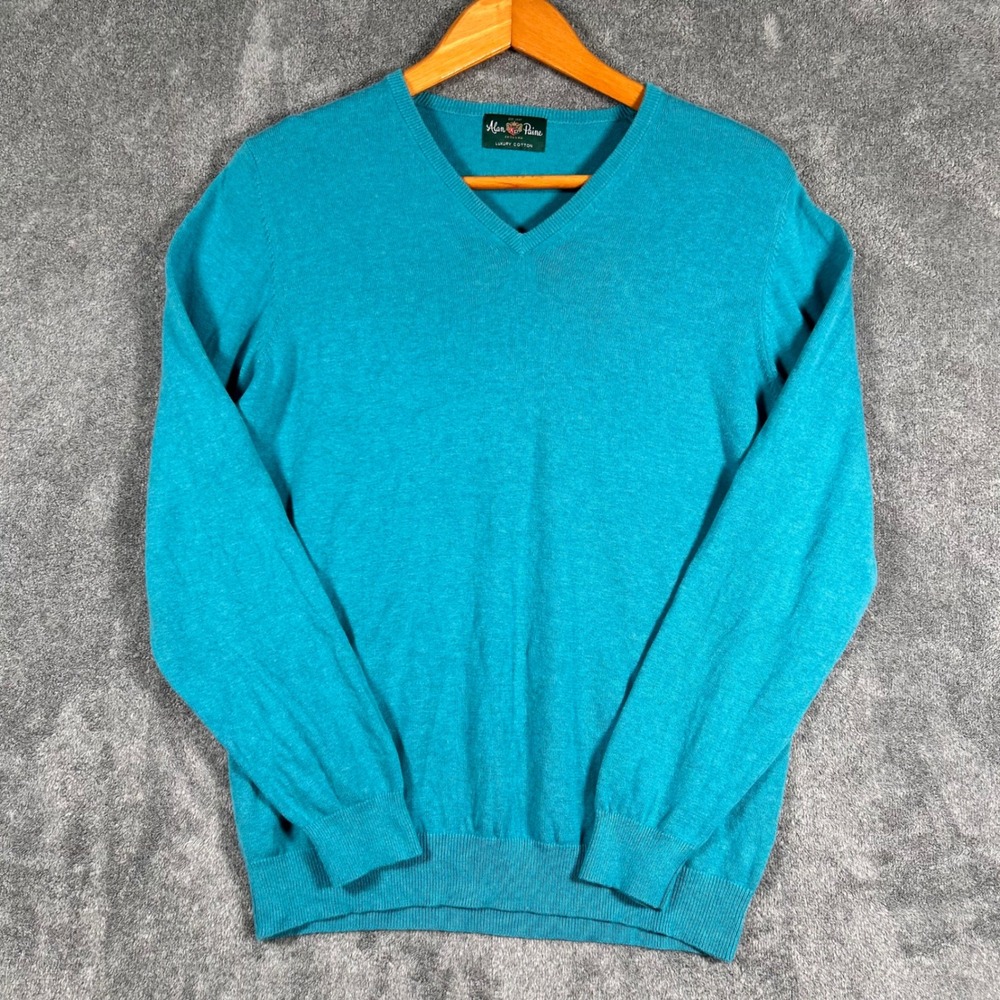 Alan Paine V-Neck Sweater Turquoise Blue Cotton Cashmere Mens UK 42 EUR 50 US 42